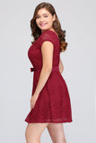 Plus Size A-Line Jewel Burgundy Lace Bridesmaid dress with Short Sleeves