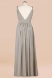 Plus Size Chiffon V-neck Sleeveless Affordable Bridesmaid Dress with Ruffle