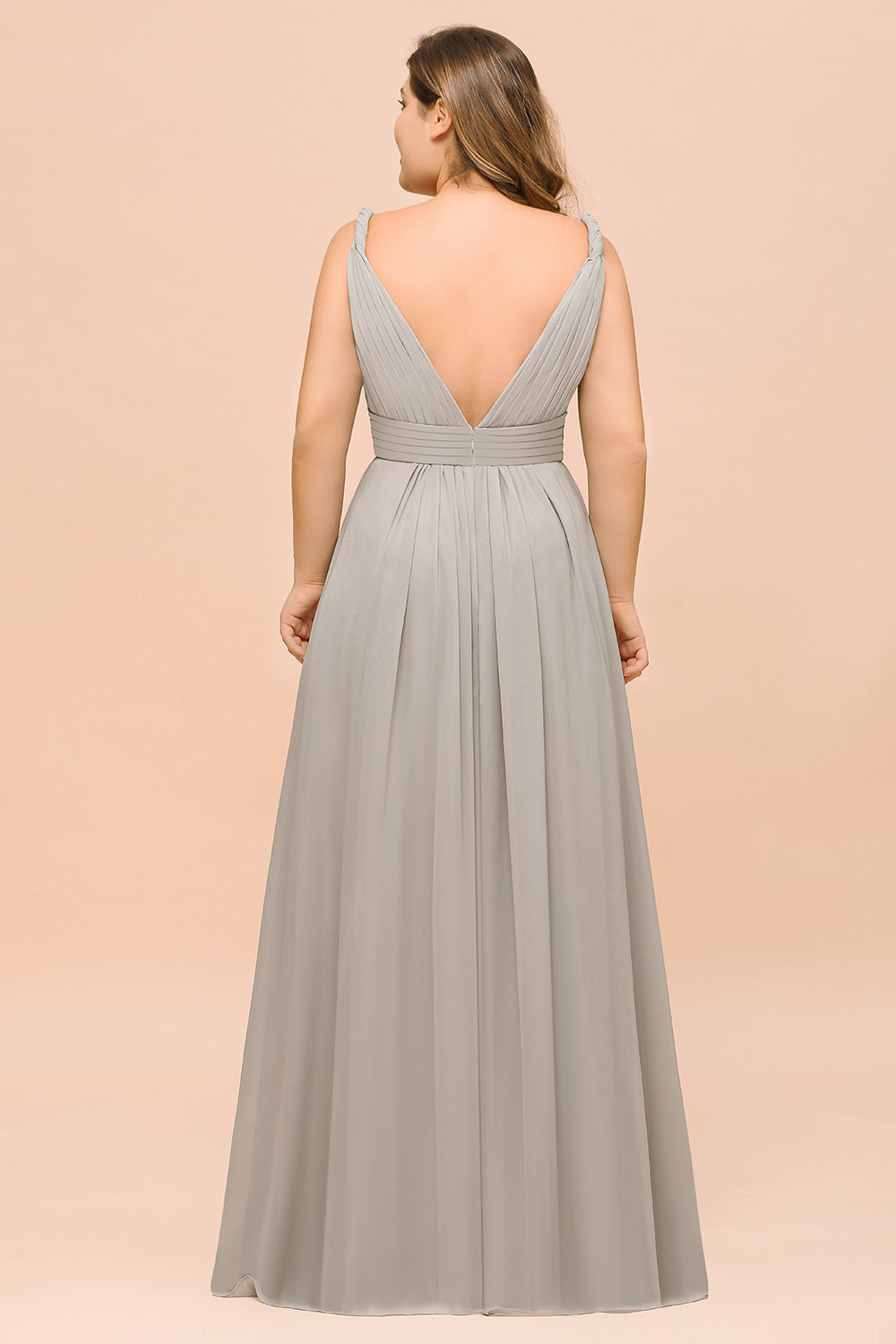 Plus Size Chiffon V-neck Sleeveless Affordable Bridesmaid Dress with Ruffle