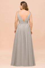 Plus Size Chiffon V-neck Sleeveless Affordable Bridesmaid Dress with Ruffle