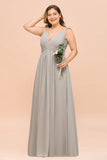 Plus Size Chiffon V-neck Sleeveless Affordable Bridesmaid Dress with Ruffle