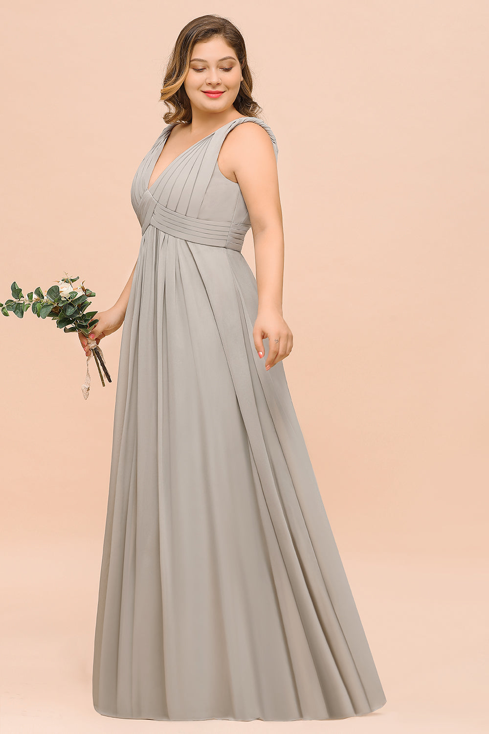 Plus Size Chiffon V-neck Sleeveless Affordable Bridesmaid Dress with Ruffle