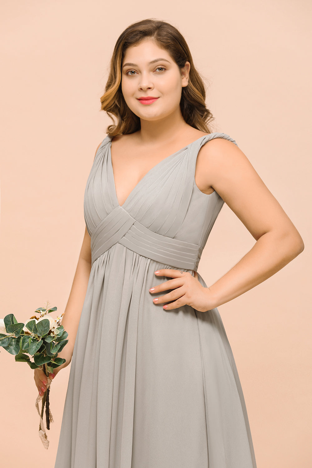 Plus Size Chiffon V-neck Sleeveless Affordable Bridesmaid Dress with Ruffle