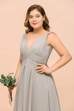 Plus Size Chiffon V-neck Sleeveless Affordable Bridesmaid Dress with Ruffle