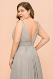 Plus Size Chiffon V-neck Sleeveless Affordable Bridesmaid Dress with Ruffle