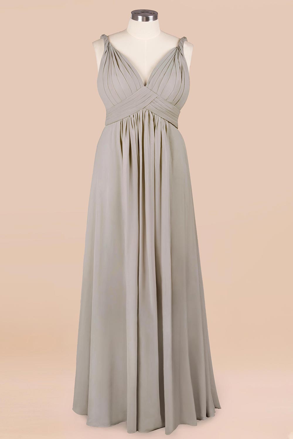Plus Size Chiffon V-neck Sleeveless Affordable Bridesmaid Dress with Ruffle