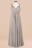 Plus Size Chiffon V-neck Sleeveless Affordable Bridesmaid Dress with Ruffle