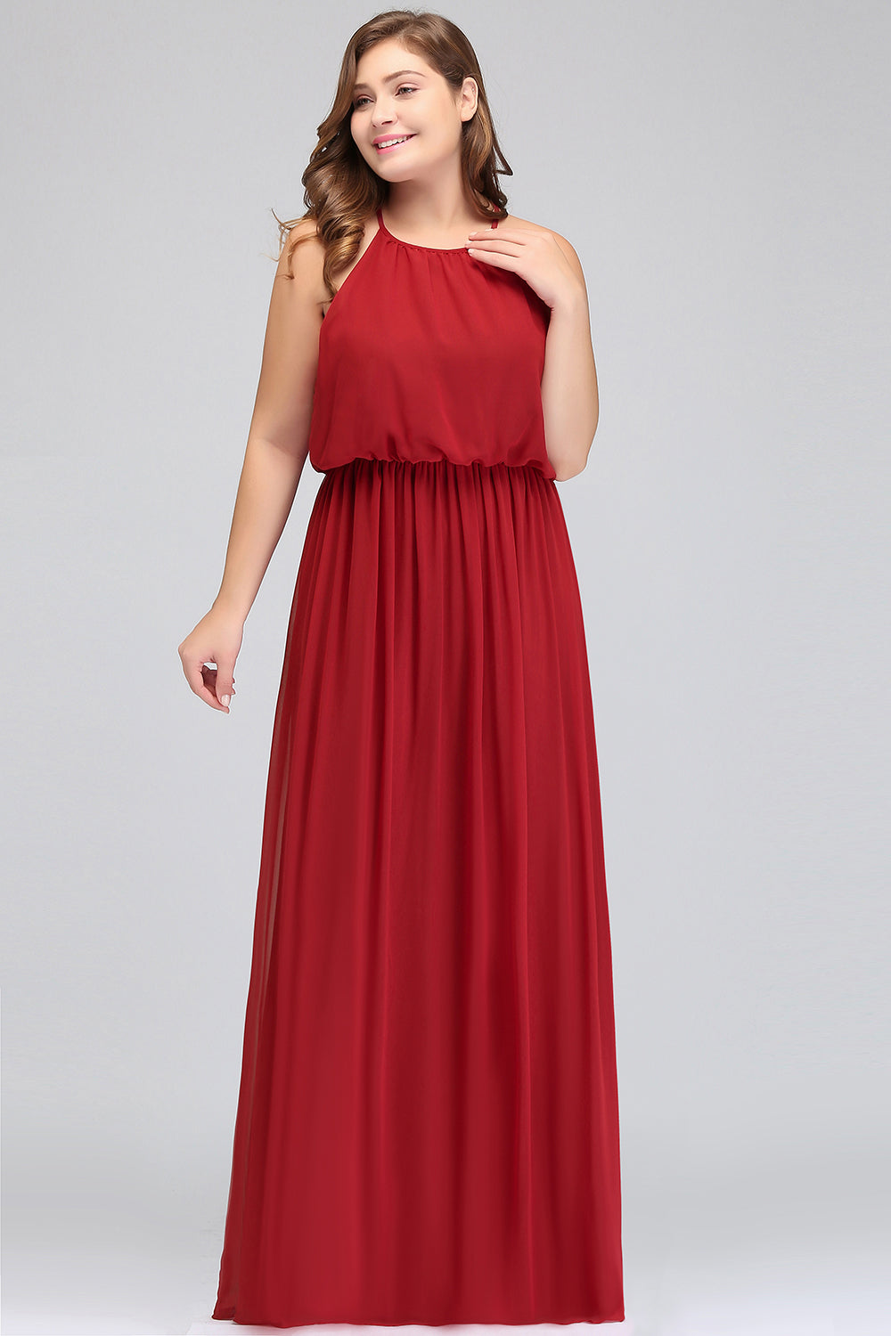 Plus Size Elegant Halter Red Chiffon Long Bridesmaid Dresses with Ruffle