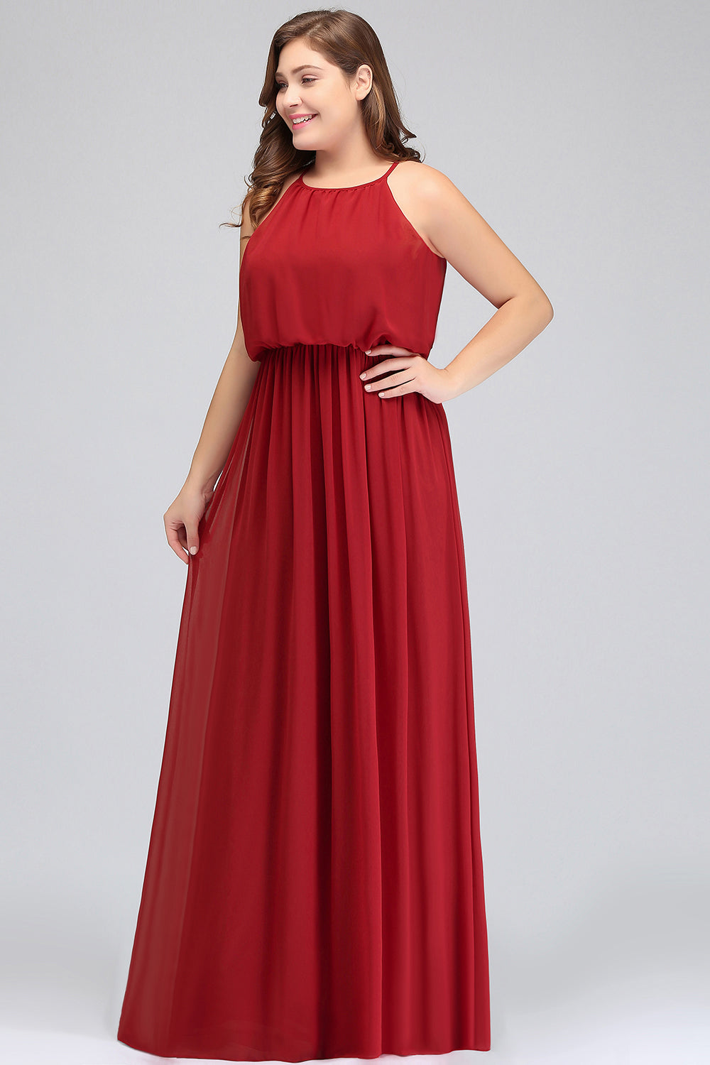 Plus Size Elegant Halter Red Chiffon Long Bridesmaid Dresses with Ruffle