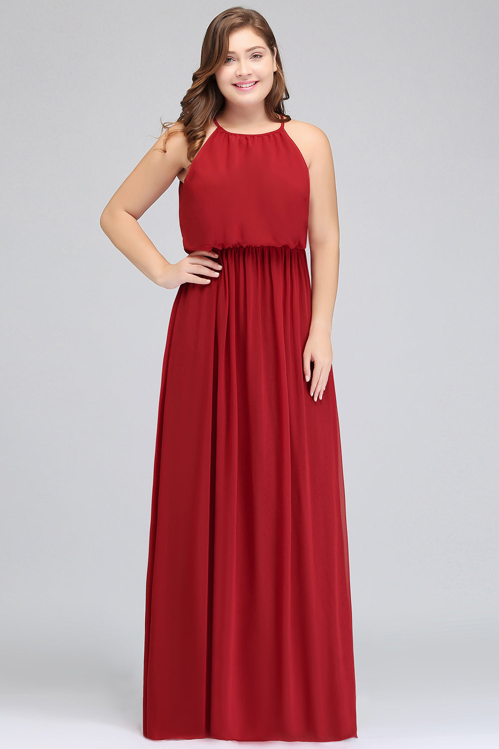 Plus Size Elegant Halter Red Chiffon Long Bridesmaid Dresses with Ruffle