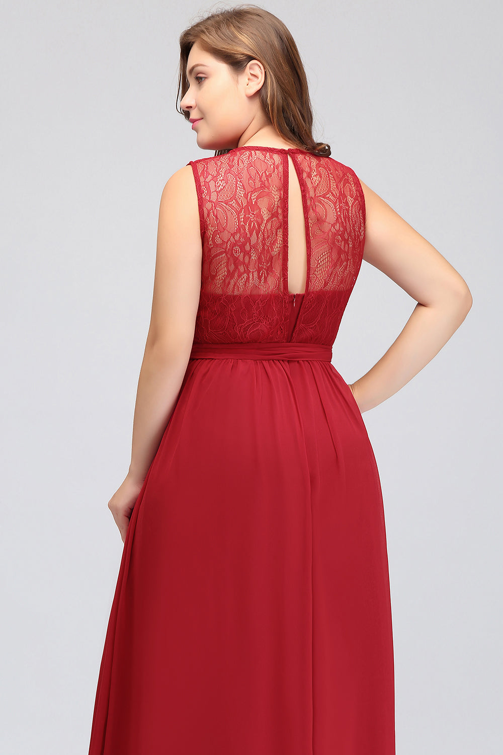 Plus Size Jewel Sleeveless Red Lace Long Bridesmaid Dress with Ruffle