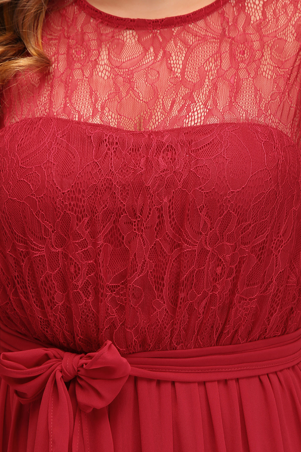 Plus Size Jewel Sleeveless Red Lace Long Bridesmaid Dress with Ruffle