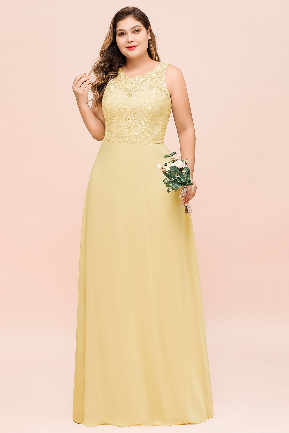 Plus Size Lace Sleeveless Affordable Daffodil Bridesmaid Dress