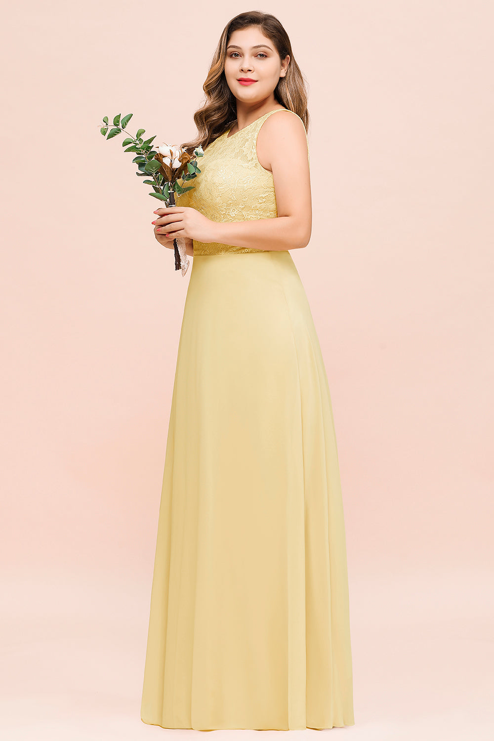 Plus Size Lace Sleeveless Affordable Daffodil Bridesmaid Dress