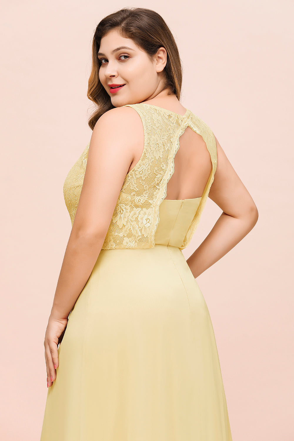 Plus Size Lace Sleeveless Affordable Daffodil Bridesmaid Dress