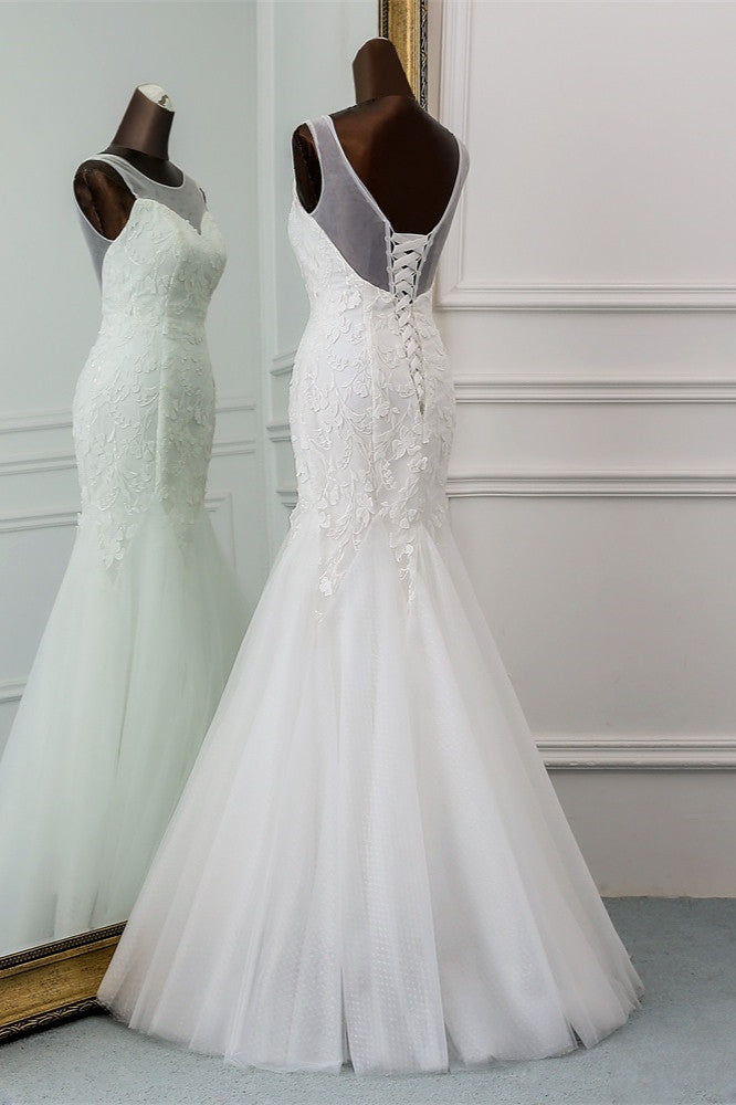 Popular Jewel Sleeveless White Mermaid Wedding Dresses with Appliques