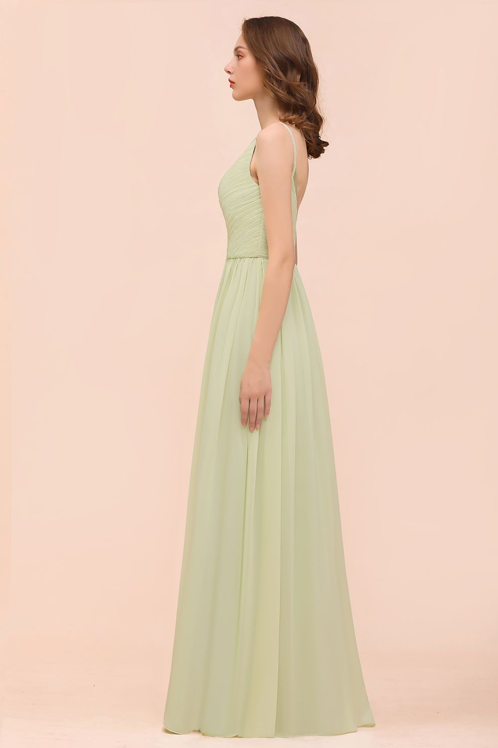 Popular V-Neck Sage Chiffon Affordable Bridesmaid Dress with Low Back