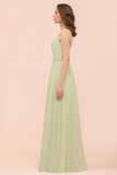 Popular V-Neck Sage Chiffon Affordable Bridesmaid Dress with Low Back