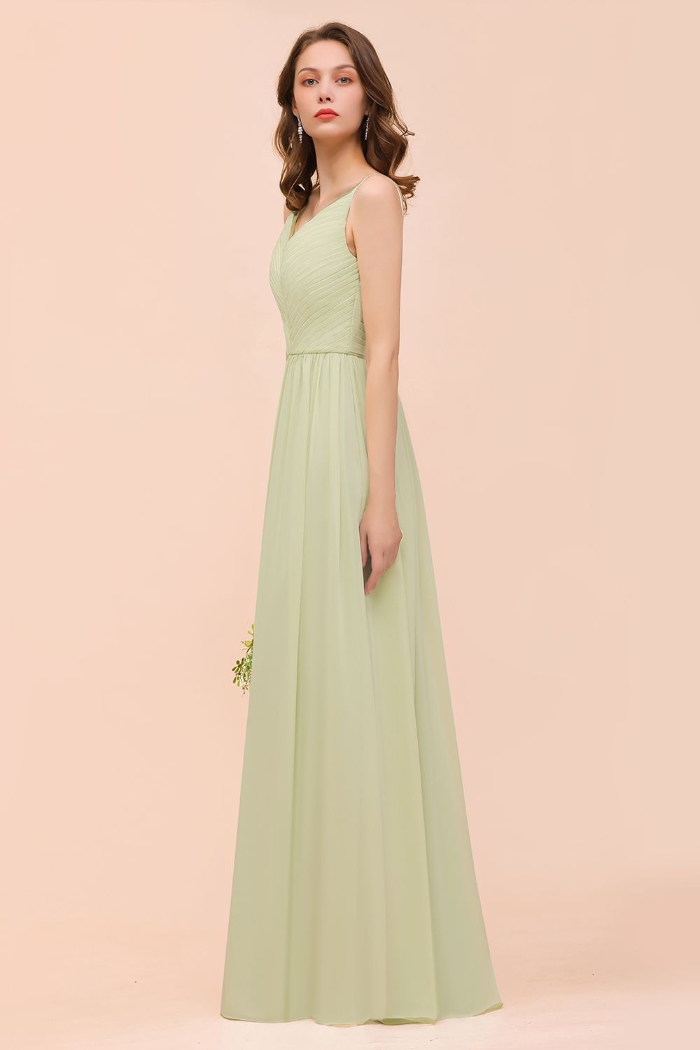Popular V-Neck Sage Chiffon Affordable Bridesmaid Dress with Low Back