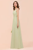 Popular V-Neck Sage Chiffon Affordable Bridesmaid Dress with Low Back
