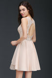 Pretty Lace Backless Short Pink Bridesmaid Dresses with Beadings