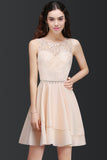 Pretty Lace Backless Short Pink Bridesmaid Dresses with Beadings