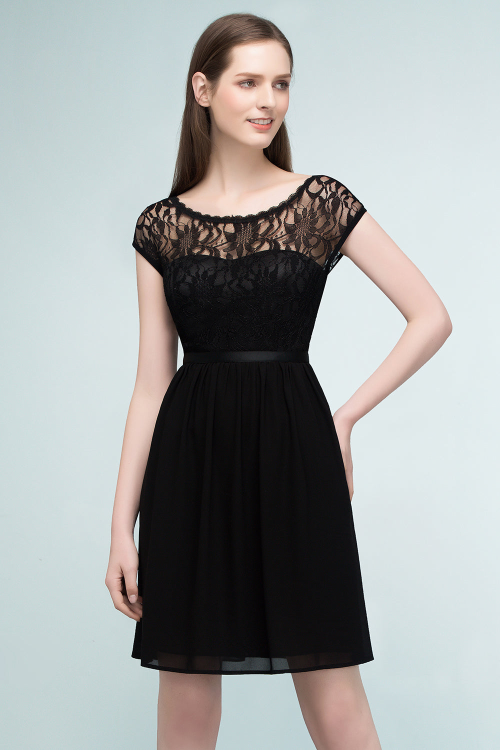 Pretty Scoop Sleeveless Black Lace Short Junior Bridesmaid Dress