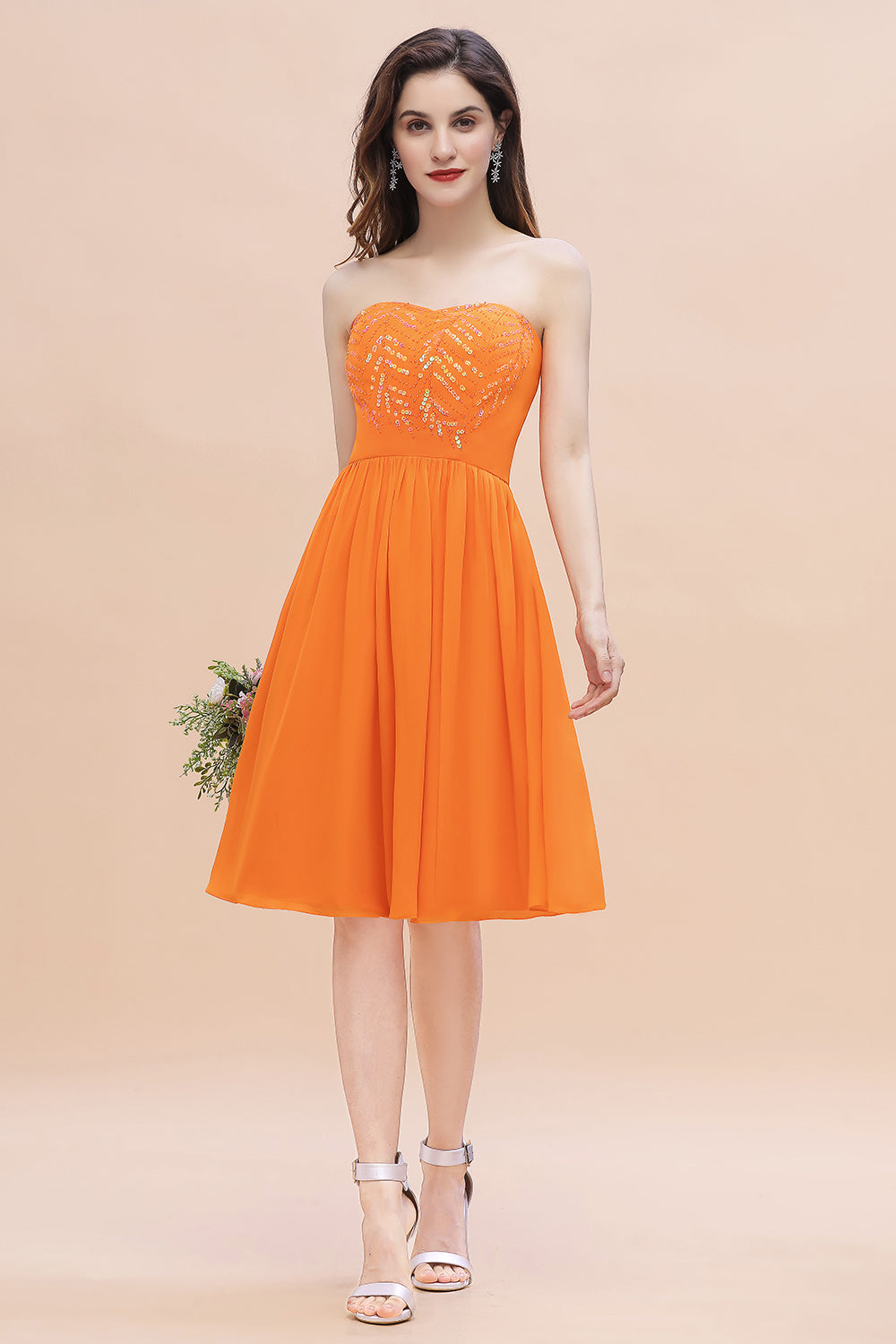 Pretty Strapless Sweetheart Chiffon Sequins Short Bridesmaid Dress with Ruffles