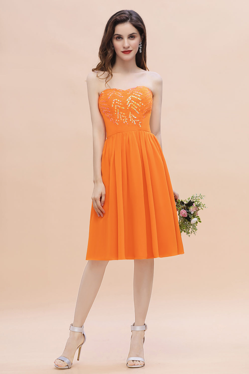 Pretty Strapless Sweetheart Chiffon Sequins Short Bridesmaid Dress with Ruffles