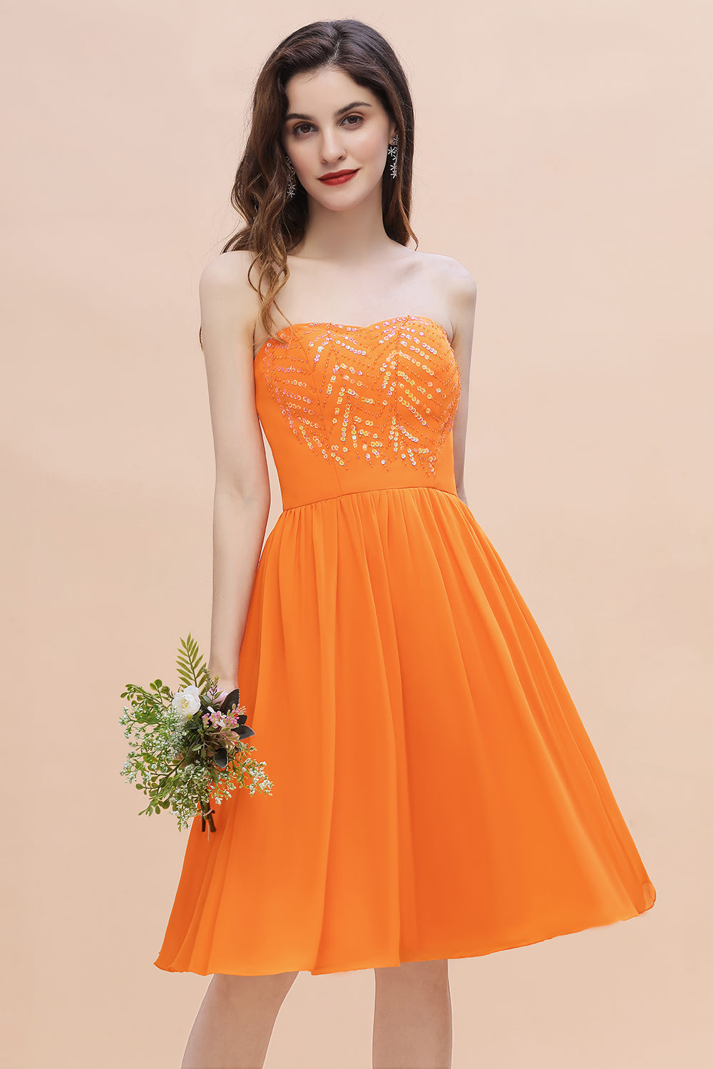 Pretty Strapless Sweetheart Chiffon Sequins Short Bridesmaid Dress with Ruffles