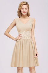 Pretty V-Neck Short Sleeveless Lace Bridesmaid Dresses Online