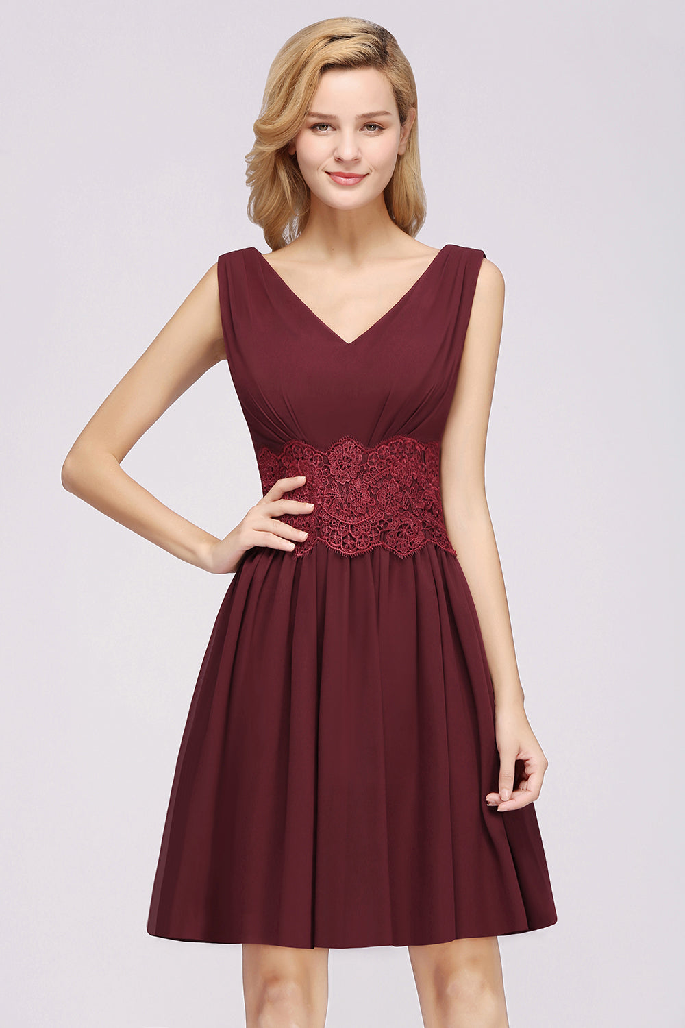 Pretty V-Neck Short Sleeveless Lace Bridesmaid Dresses Online
