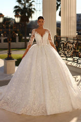 Princess-Inspired Long White A-line V-neck Lace Wedding Dress with Graceful Long Sleeves