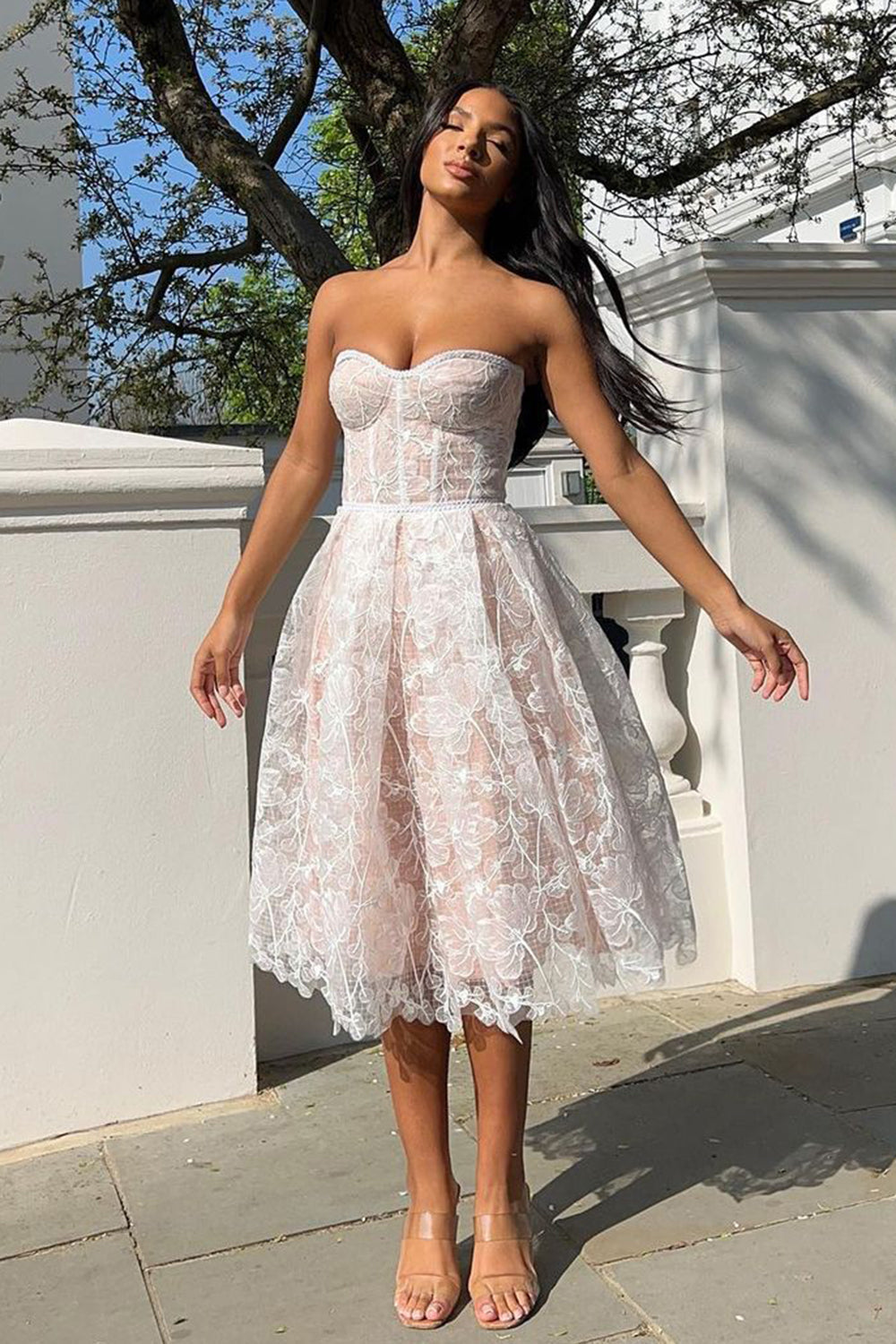 Purple Sweetheart A-Line Corset Midi Party Dress with Applique Accents Newinlook Purple Sweetheart A-Line Corset Midi Party Dress with Applique Accents Newinlook