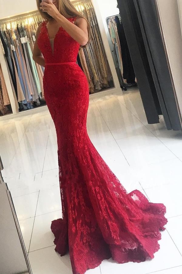 Red Lace Appliques Prom Dress Mermaid Sleeveless
