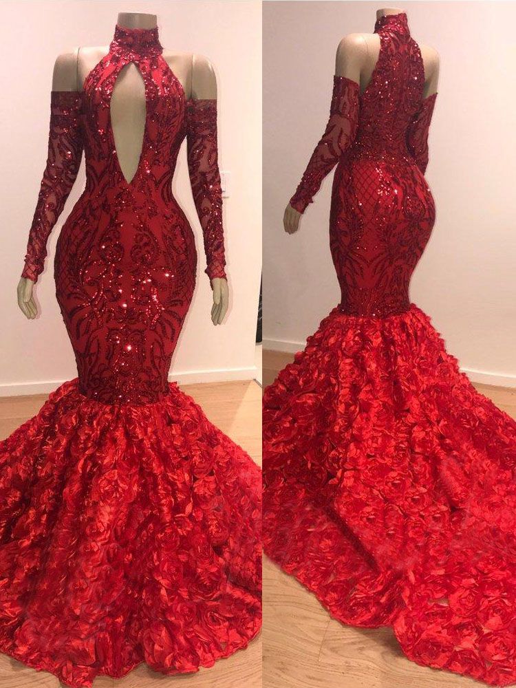 Red Long Sleeves Prom Dress Mermaid With Flowers Bottom