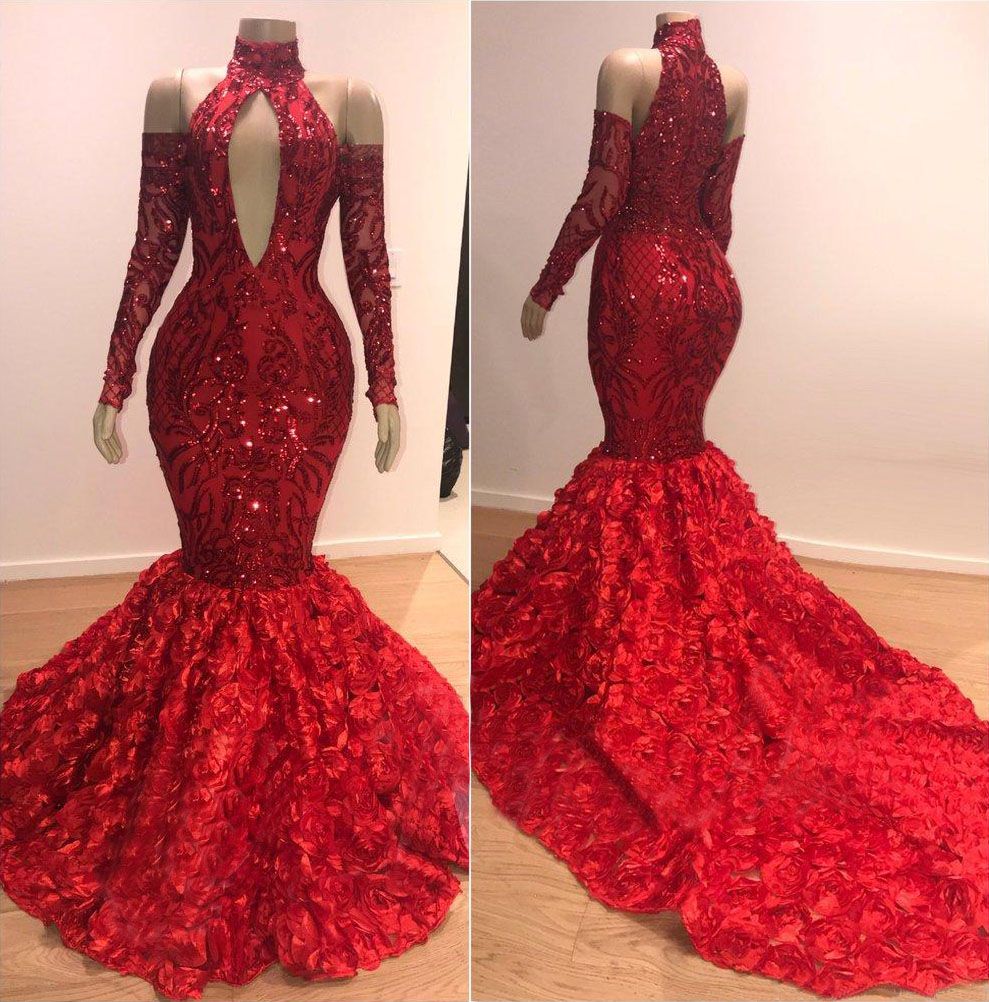 Red Long Sleeves Prom Dress Mermaid With Flowers Bottom