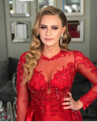 Red Mermaid Prom Dress Overskirt With Appliques Beadings