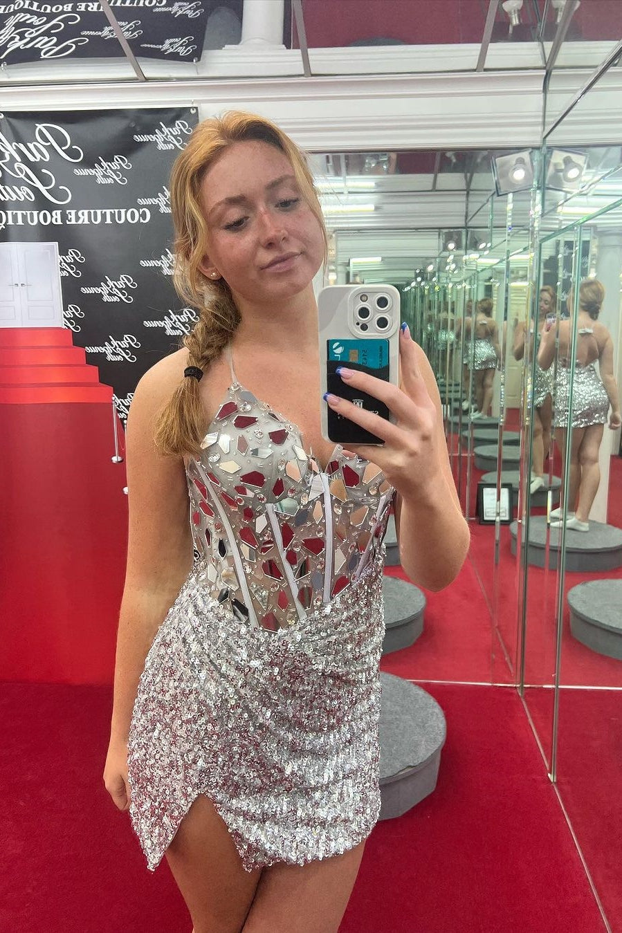 Red Mirror-Cut Sequined Halter Sheath V-Neck Homecoming Dress