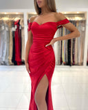 Red Off-the-Shoulder Mermaid Prom Dress Long With Slit