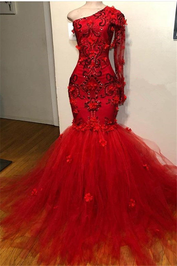 Red One Shoulder Long Sleeves Prom Dress Mermaid With Appliques