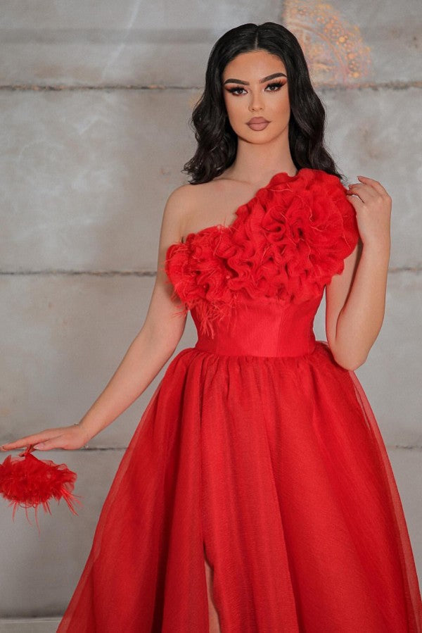 Red One Shoulder Prom Dress A-Line Long With Slit