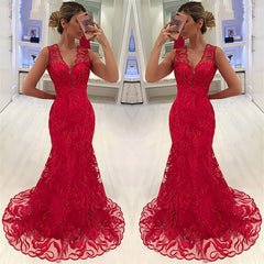 Red Sleeveless Mermaid Prom Dress With Lace Evening Gowns