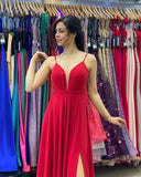 Red Spaghetti-Straps Slit Prom Dress Long On Sale