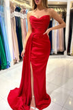 Red Strapless Prom Dress Mermaid Slit With Pleats