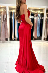 Red Strapless Prom Dress Mermaid Slit With Pleats