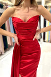 Red Strapless Prom Dress Mermaid Slit With Pleats