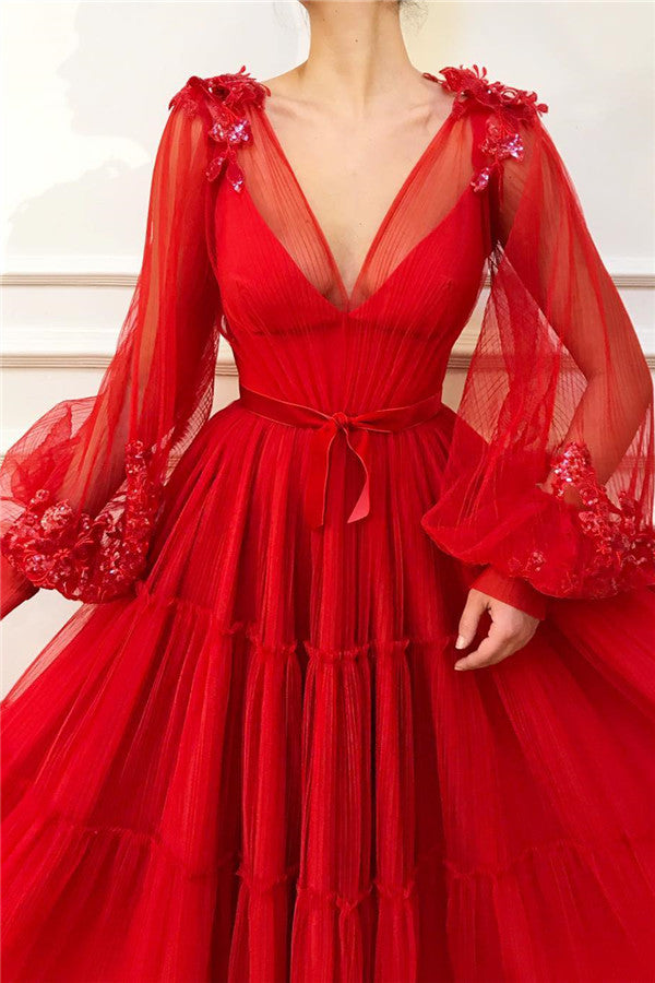 Red V-Neck Bubble Sleeves Prom Dress Long