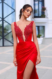 Red V-Neck Sleeveless Prom Dresses Mermaid Slit With Beads