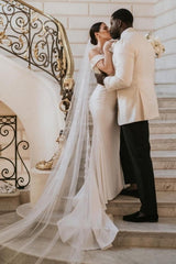 Romantic Spaghetti Strap Cap Sleeve Mermaid Satin Wedding Gown